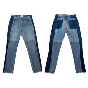 REVICE Two Tone Ankle Jeans Patchwork Distressed Raw Hem Blue Size 29